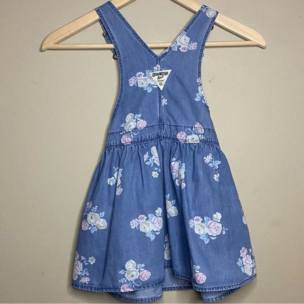 OshKosh B'gosh Vesbak Girls 4T Blue Jean Denim Overall Dress Pink Floral